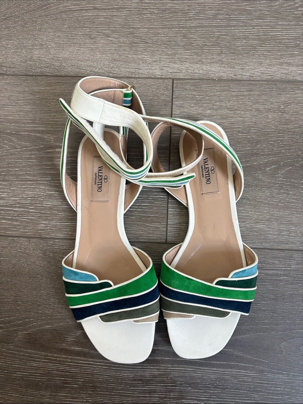 Valentino Garavani White Sandal with Green & Blue Stripes - Women's